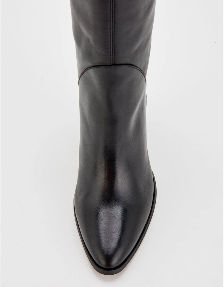 Leather Knee High Cowboy Boots - Black