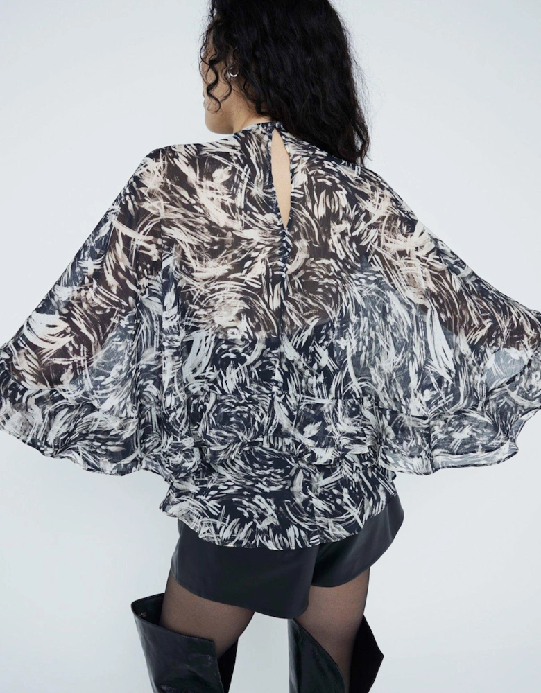 Printed Ruffle Cape Top - Dark Brown