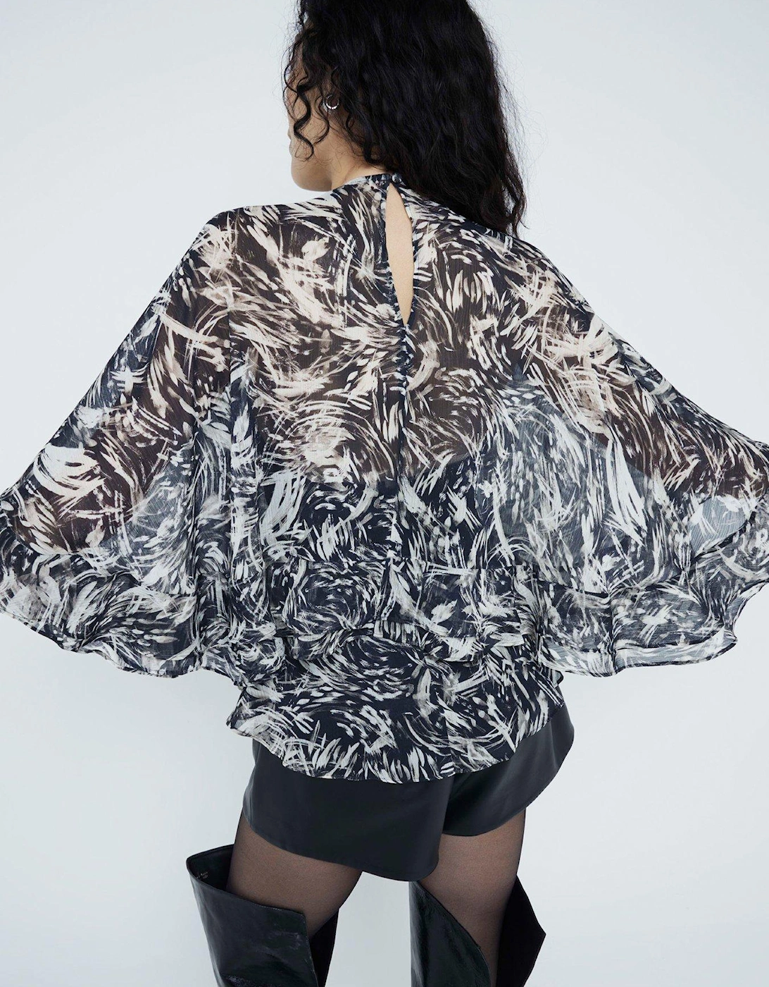 Printed Ruffle Cape Top - Dark Brown