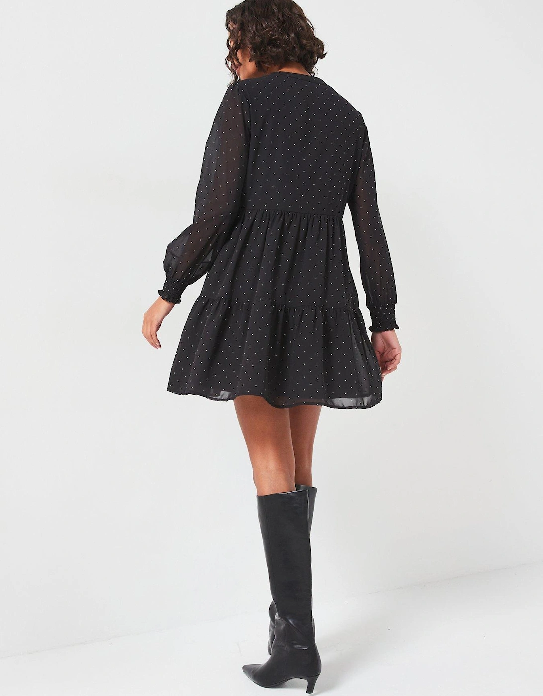 Tiered Long Sleeve Dress - Black