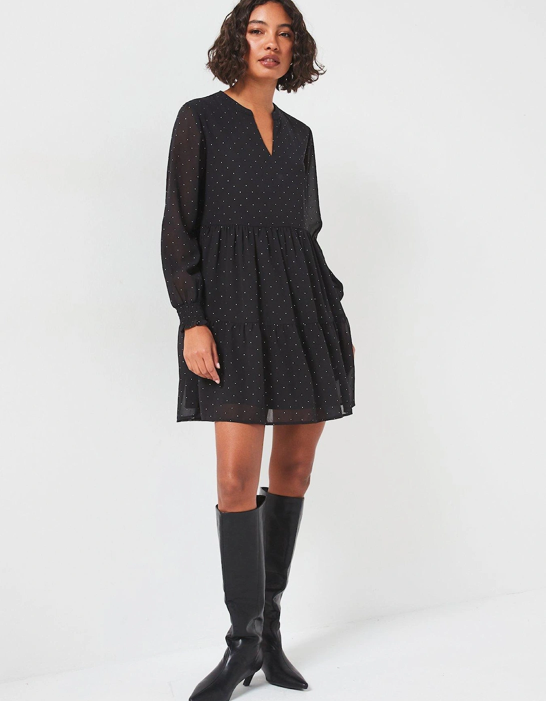 Tiered Long Sleeve Dress - Black