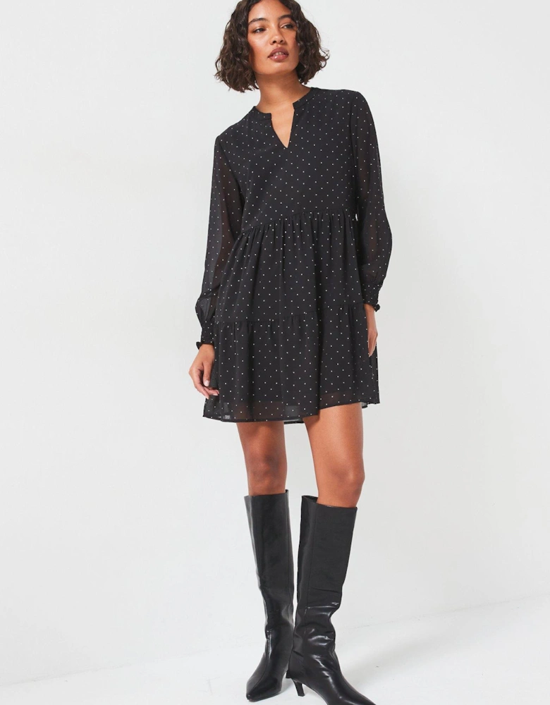 Tiered Long Sleeve Dress - Black