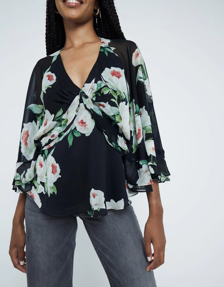 Printed Ruffle Printed Cape Top - Black