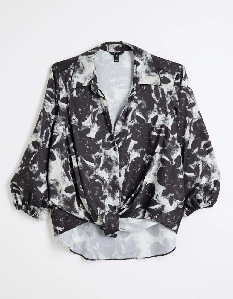 Floral Print Wrap Shirt - Black