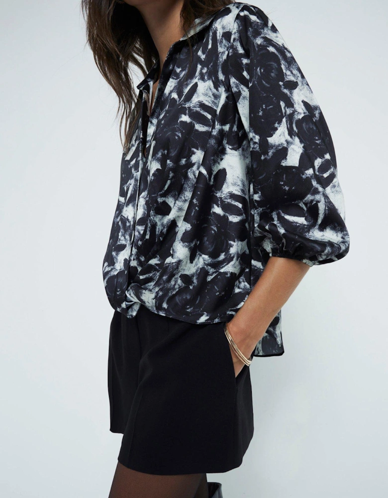 Floral Print Wrap Shirt - Black