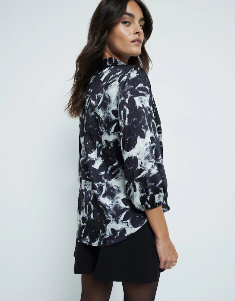 Floral Print Wrap Shirt - Black