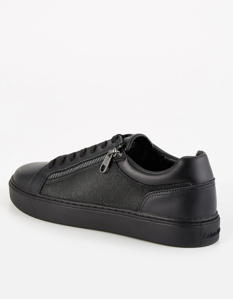 Low Top Zip Detail Mono Print Sneakers - Black