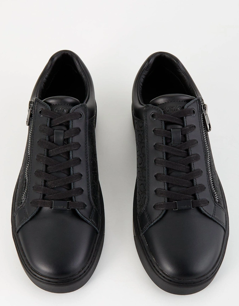 Low Top Zip Detail Mono Print Sneakers - Black