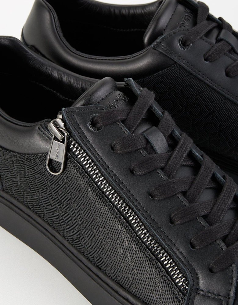 Low Top Zip Detail Mono Print Sneakers - Black