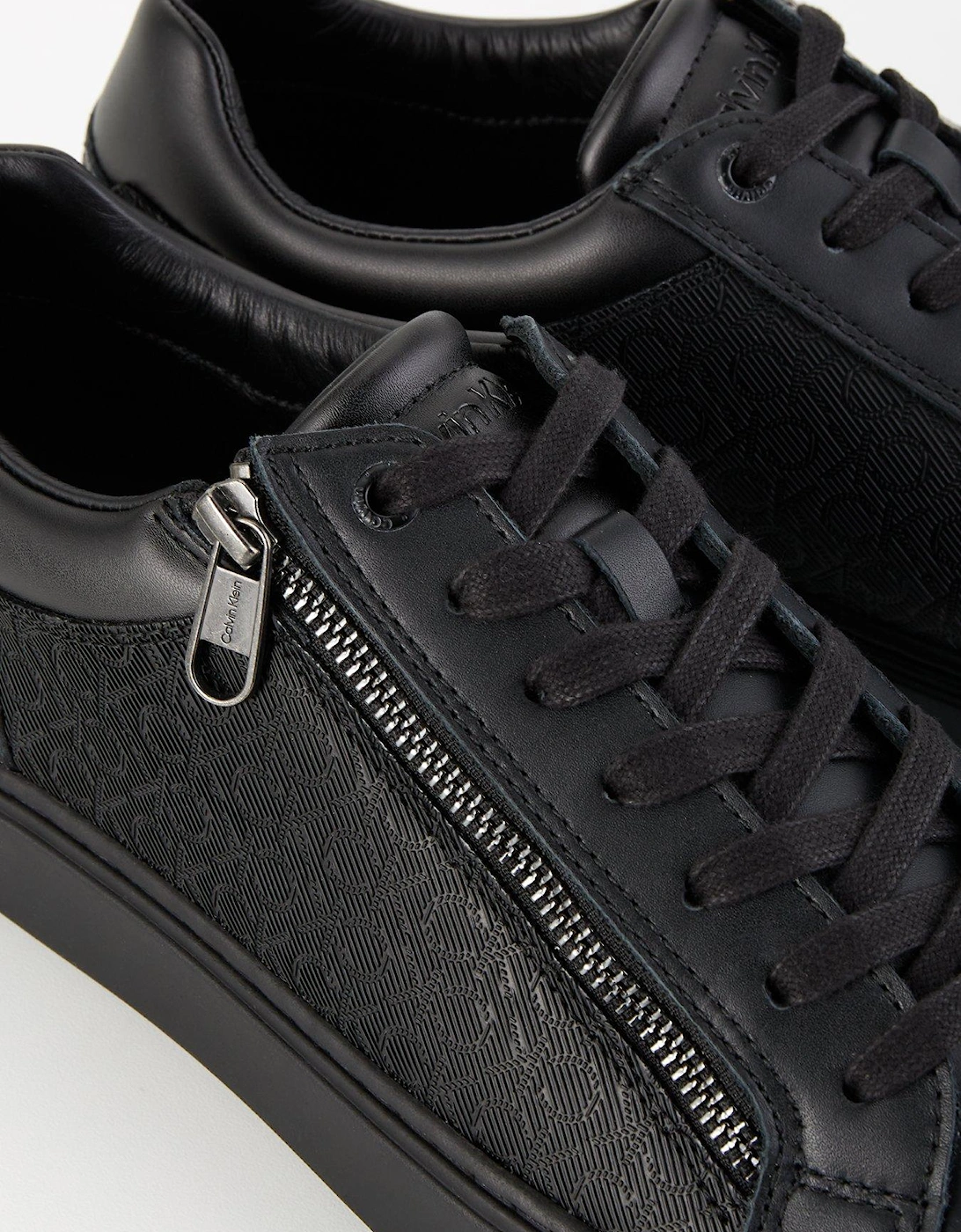 Low Top Zip Detail Mono Print Sneakers - Black