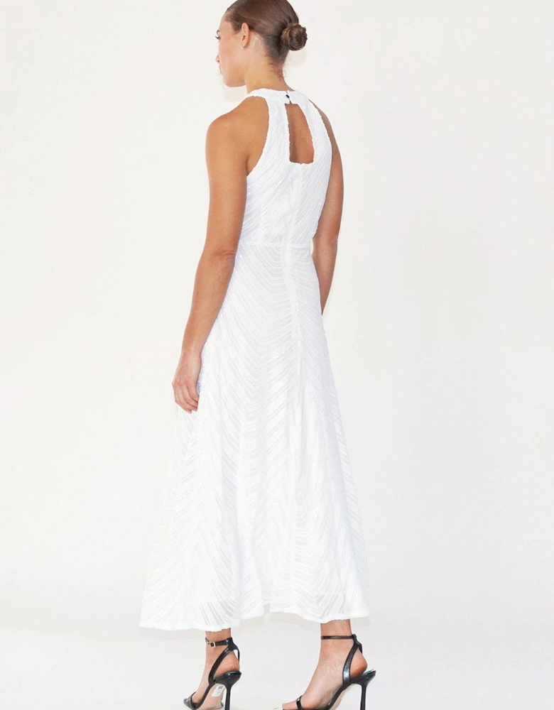 Halterneck Beaded Sequin Midi Maxi Dress - White