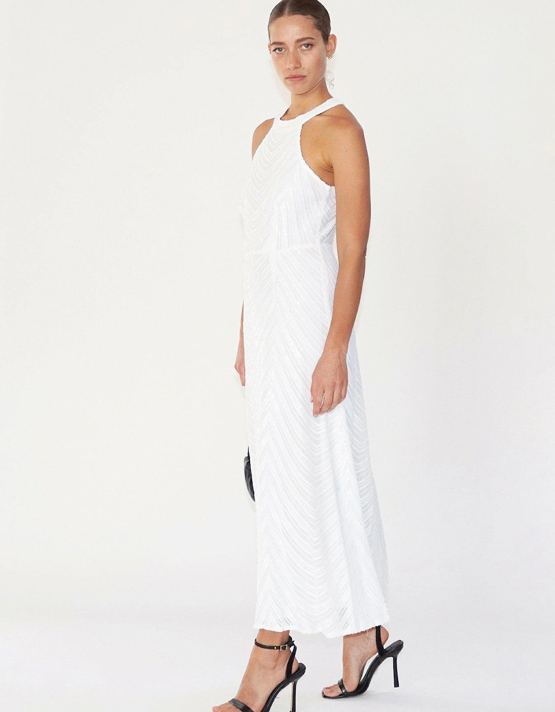 Halterneck Beaded Sequin Midi Maxi Dress - White