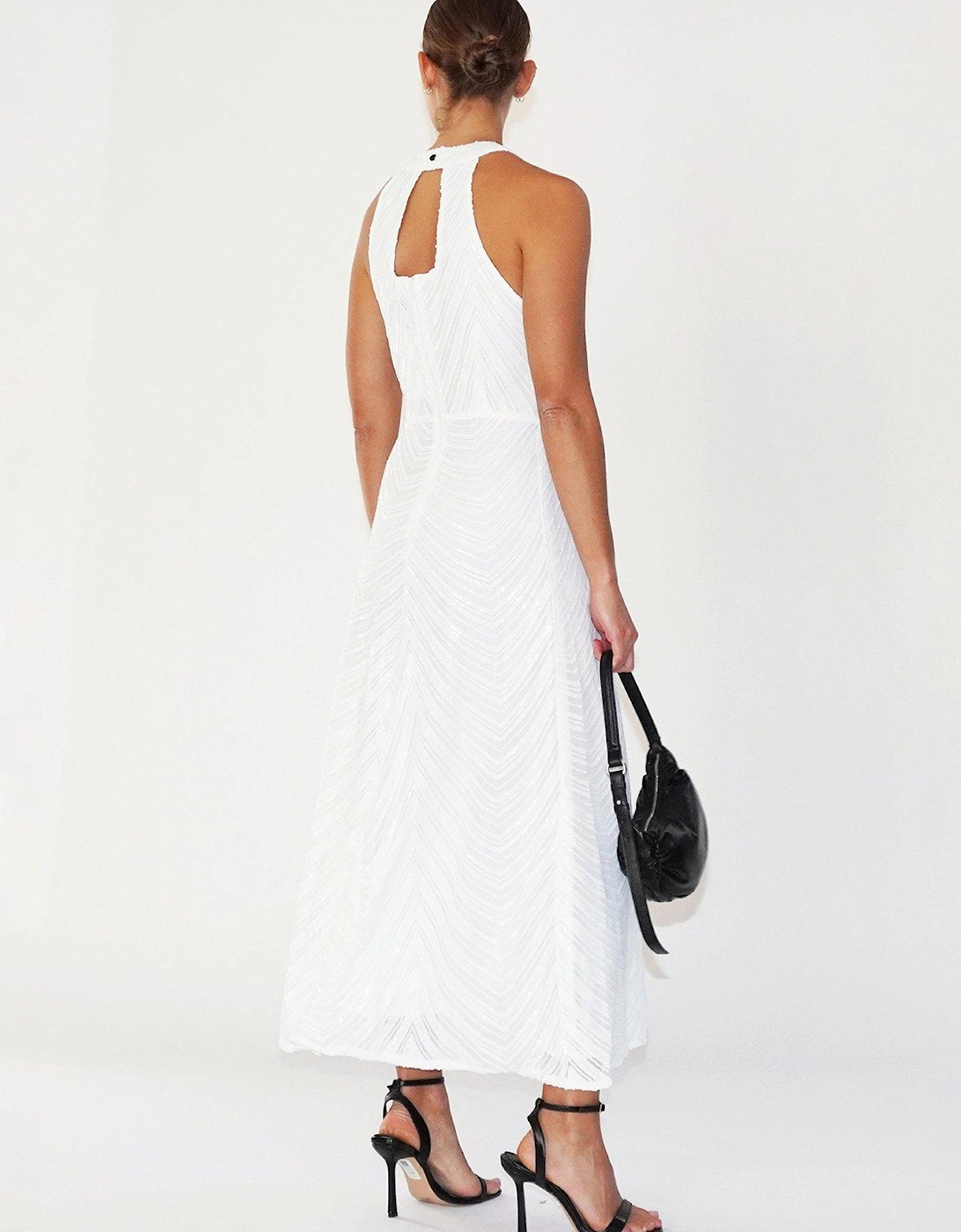 Halterneck Beaded Sequin Midi Maxi Dress - White