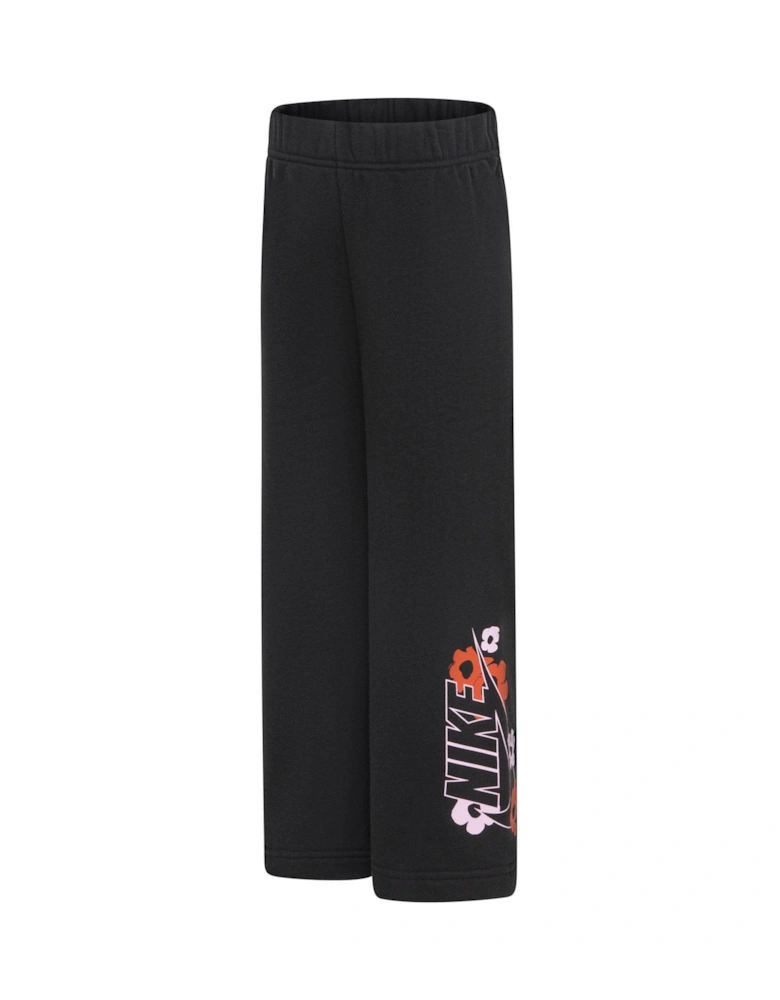 Kids Girls Floral Fleece Wide Leg Joggers - Black