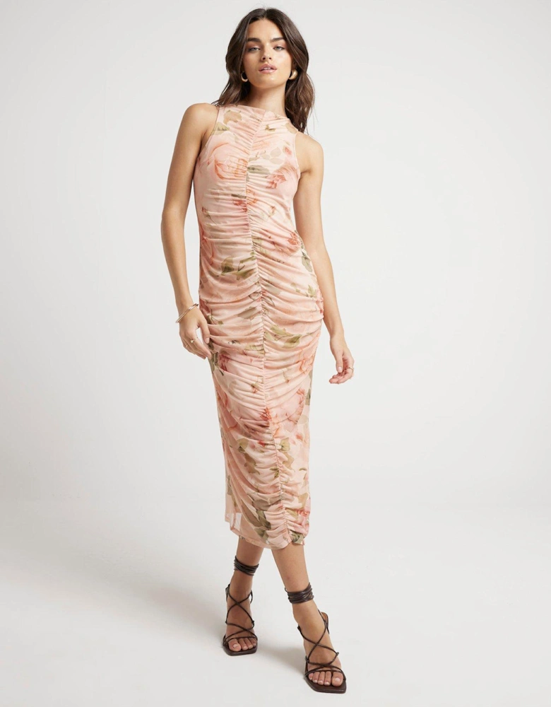 Ruched Printed Mesh Midi Dress - Light Beige