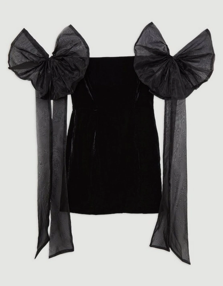 Tall Black Corset Bardot With Ruffled Bow Sleeves Mini Dress