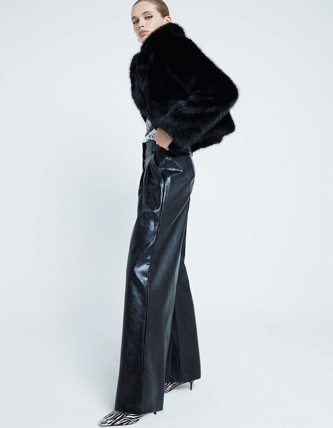 Wide Leg Faux Leather Trousers - Black