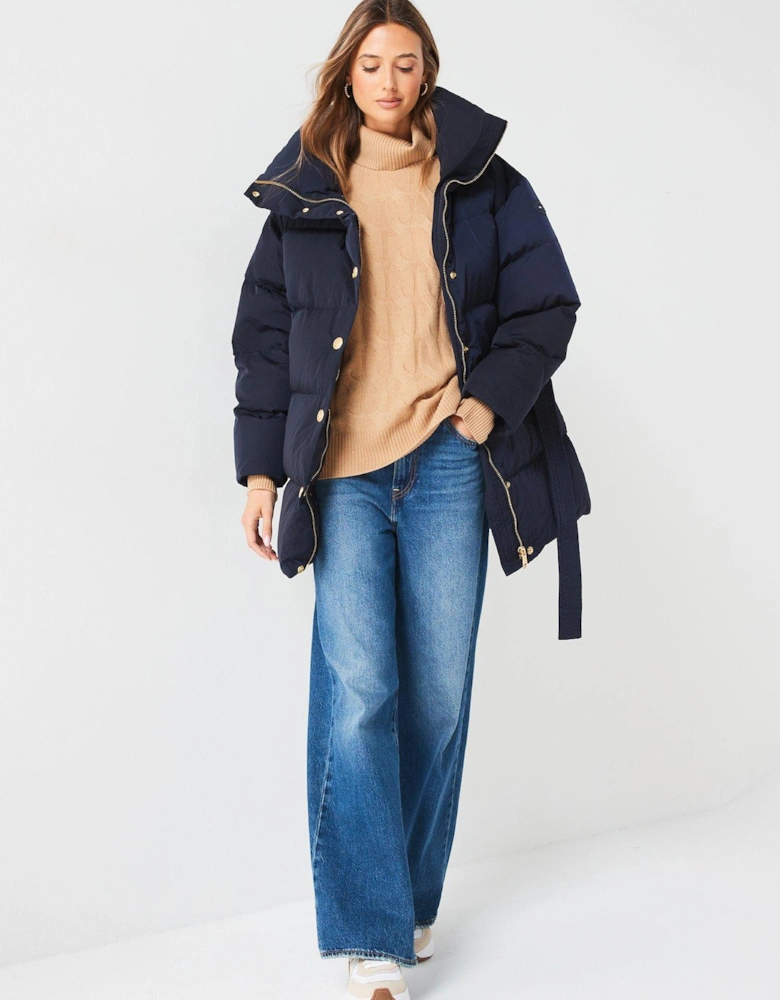 Gold Button Down Belted Coat - Navy