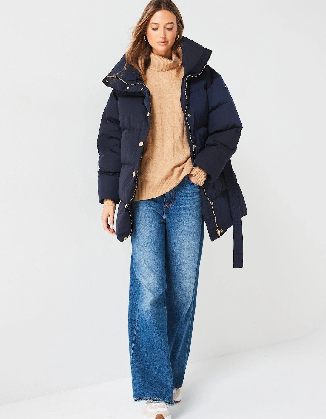 Gold Button Down Belted Coat - Navy