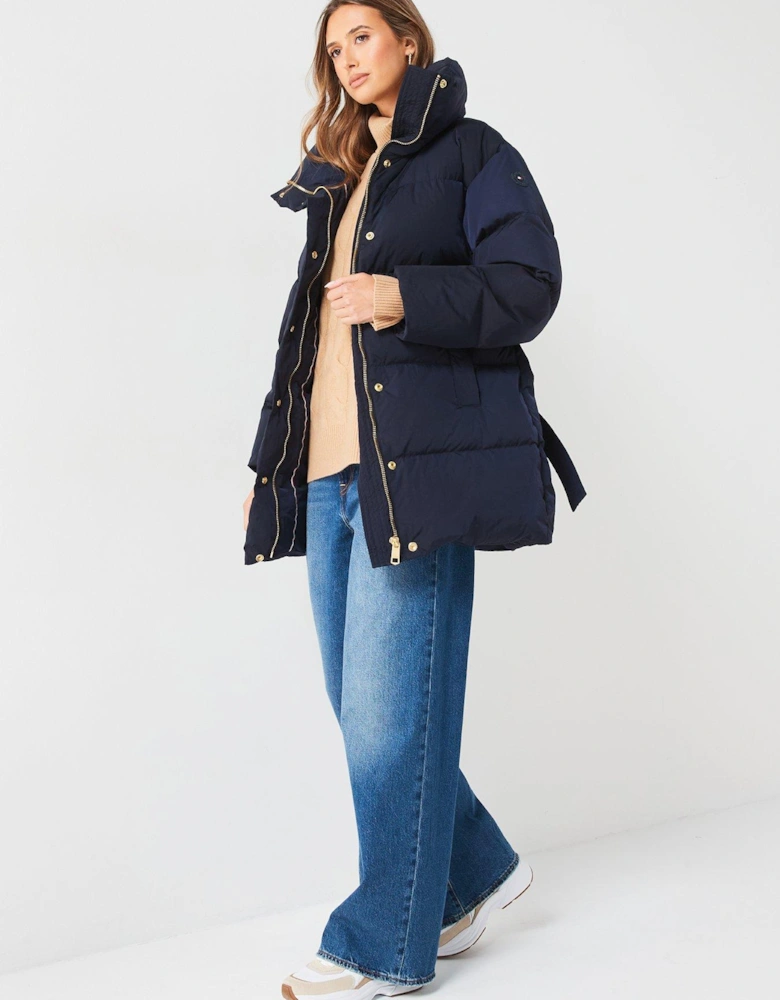 Gold Button Down Belted Coat - Navy