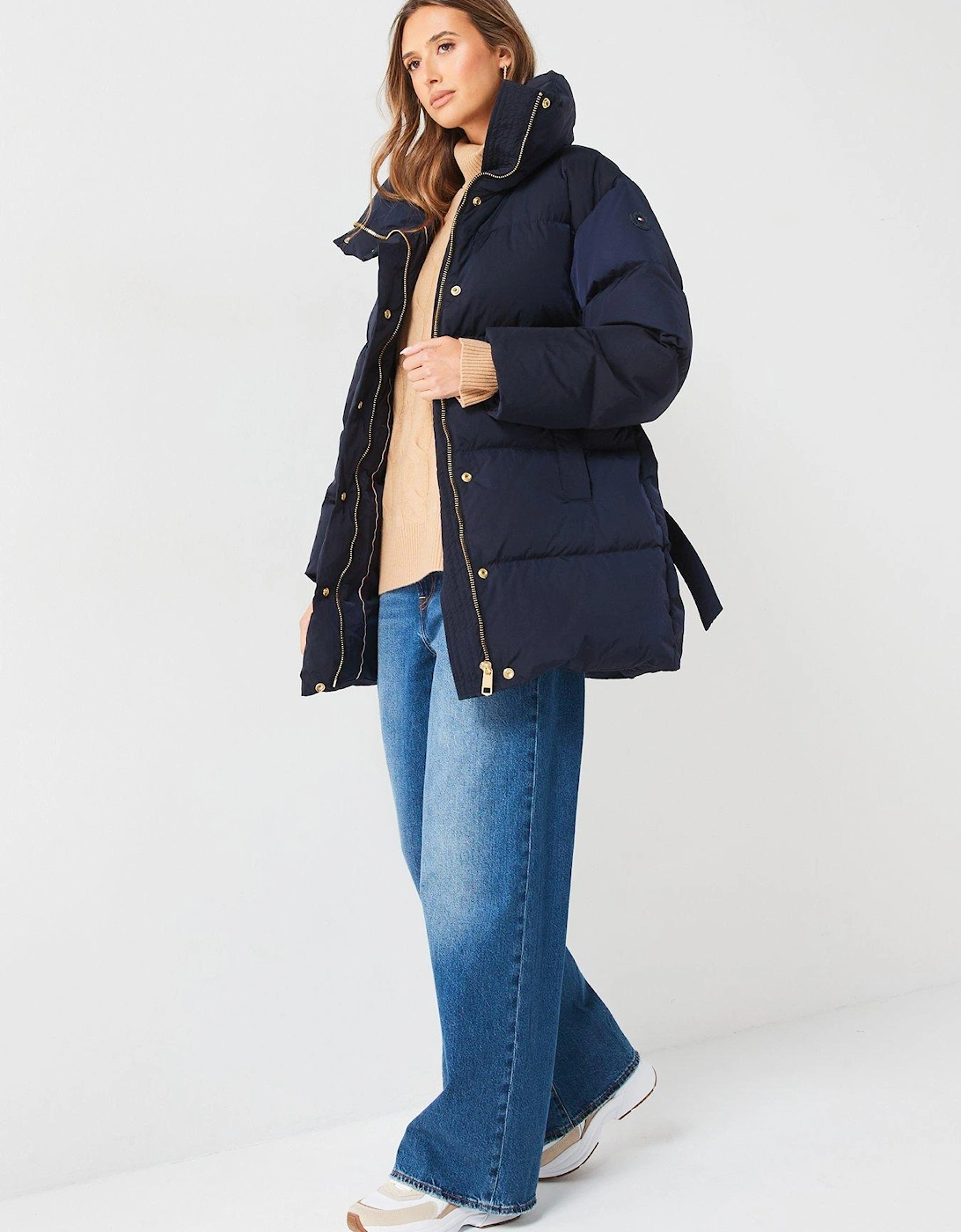 Gold Button Down Belted Coat - Navy