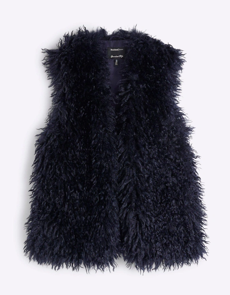 Faux Fur Long Shabby Gilet - Navy