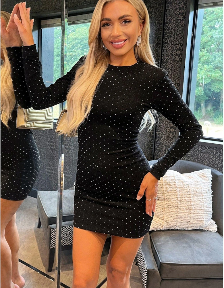 Diamante Long Sleeve Mini Dress - Black