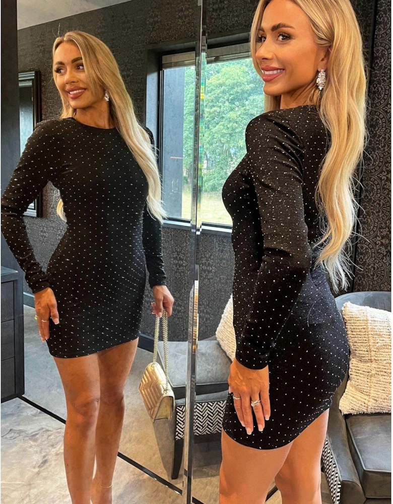 Diamante Long Sleeve Mini Dress - Black