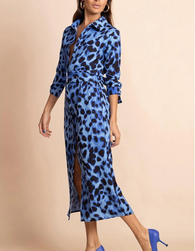 Alva Blue Leopard Midi Shirt Dress