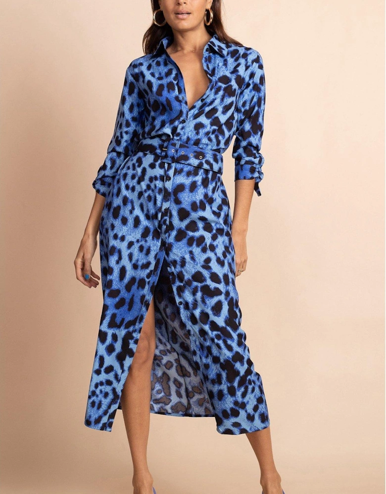 Alva Blue Leopard Midi Shirt Dress