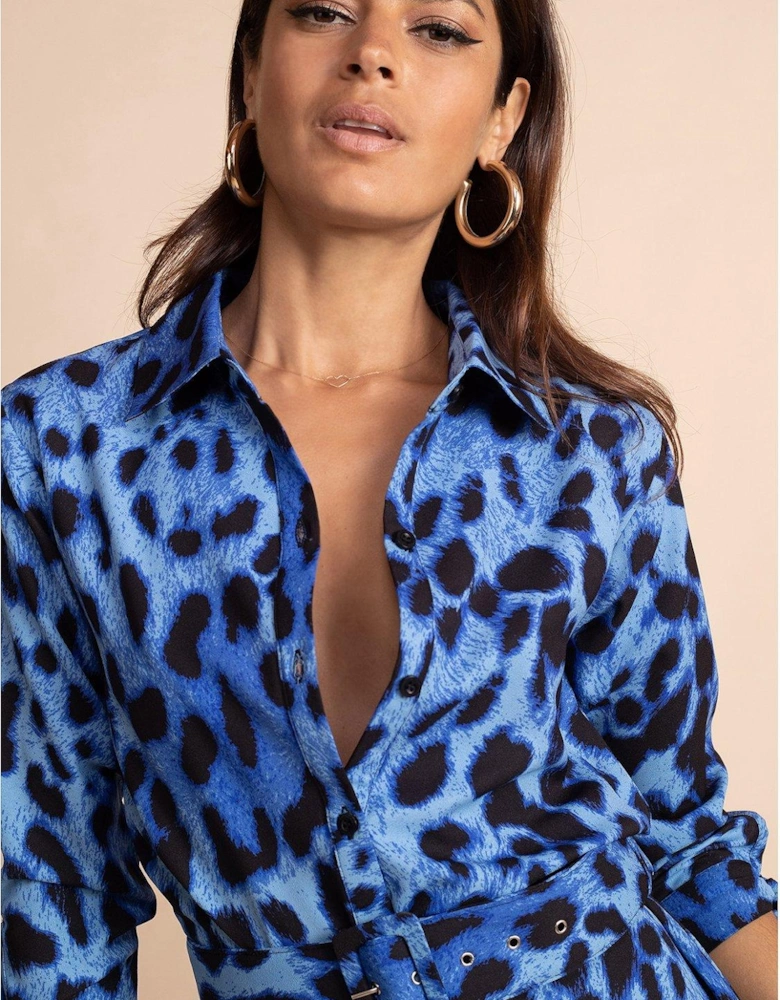 Alva Blue Leopard Midi Shirt Dress