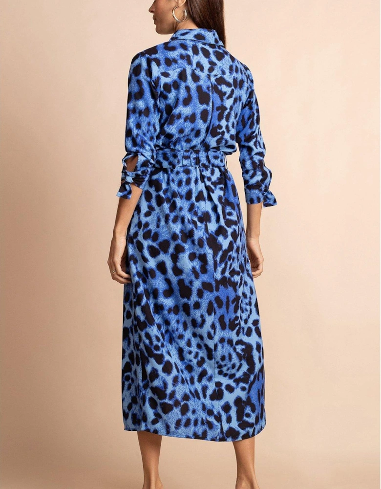 Alva Blue Leopard Midi Shirt Dress