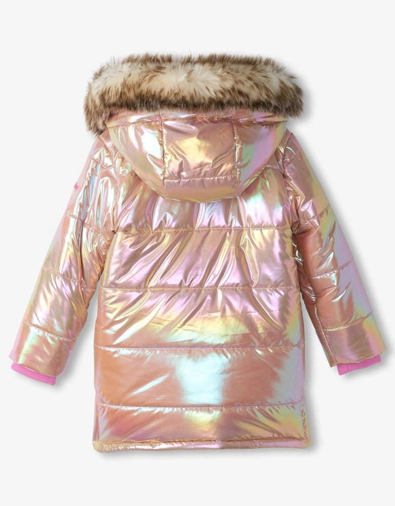 Girls 3/4 Length Sherpa Lined Irridescent Parka Coat - Pink