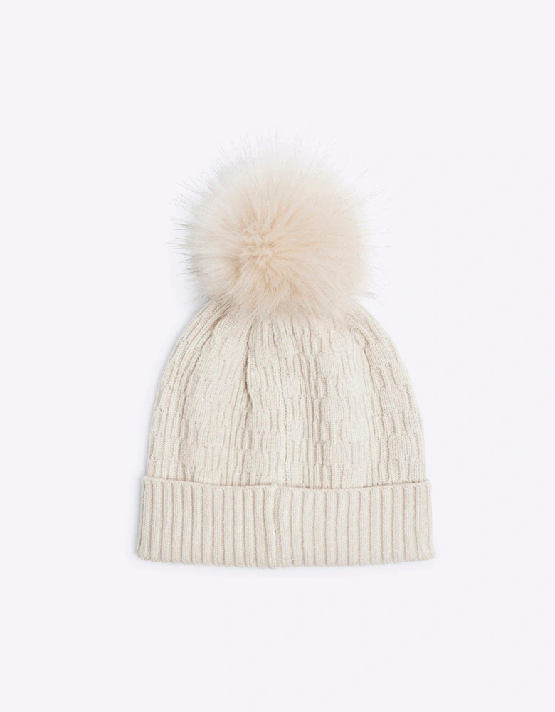 Older Boy Pom Pom Beanie Hat - Beige