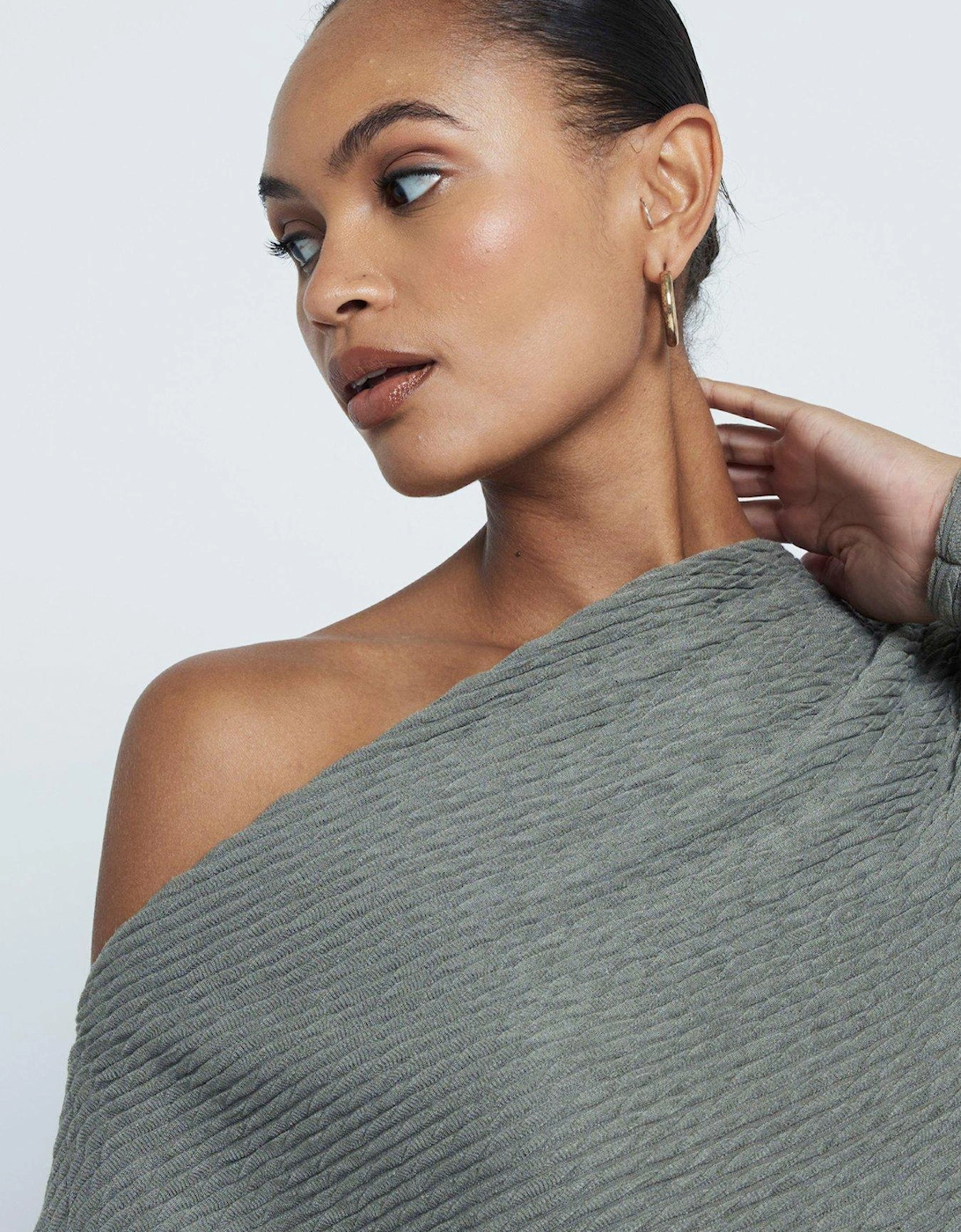 Textured Off Shoulder Drape Top - Khaki