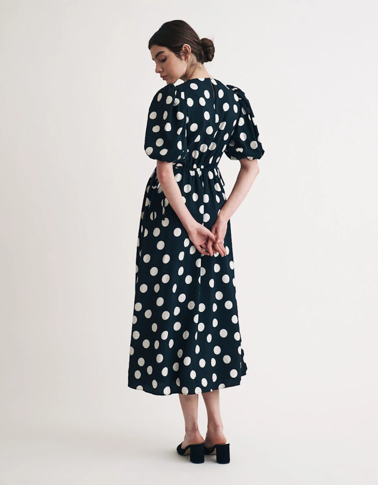 Puff Sleeve Polka Dot Midi Dress - Black