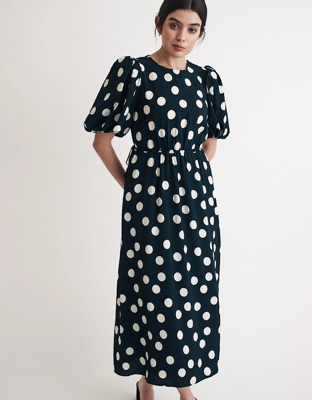 Puff Sleeve Polka Dot Midi Dress - Black