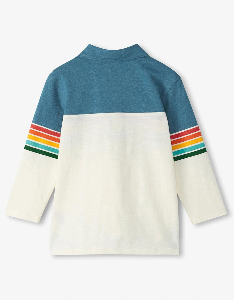 Boys Stripe Panelled Long Sleeve Polo Top - White