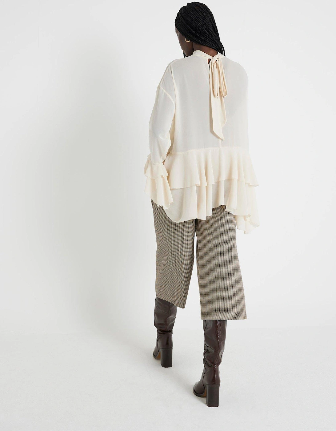 Wide Leg Pleated Cropped Trouser - Brown