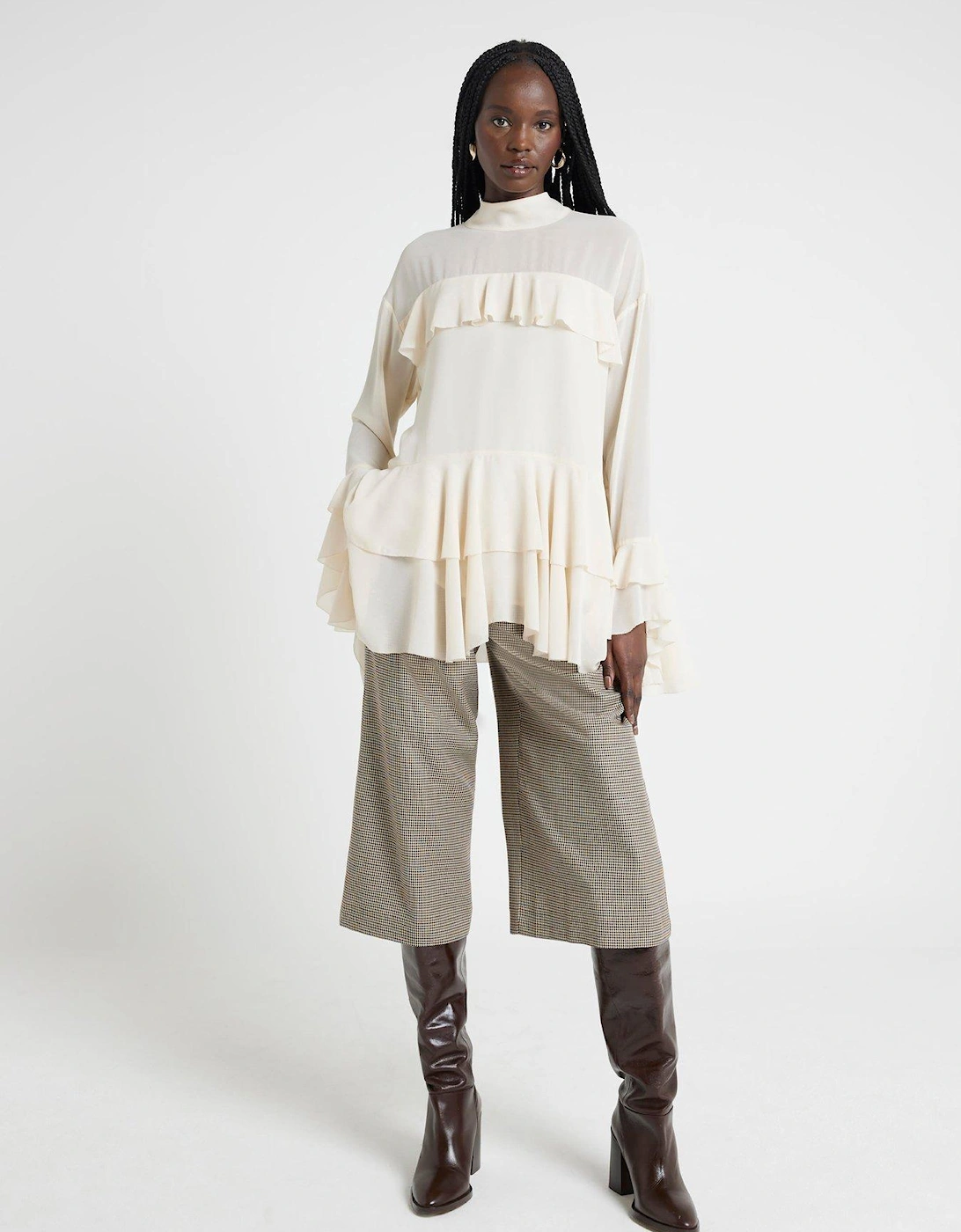 Wide Leg Pleated Cropped Trouser - Brown