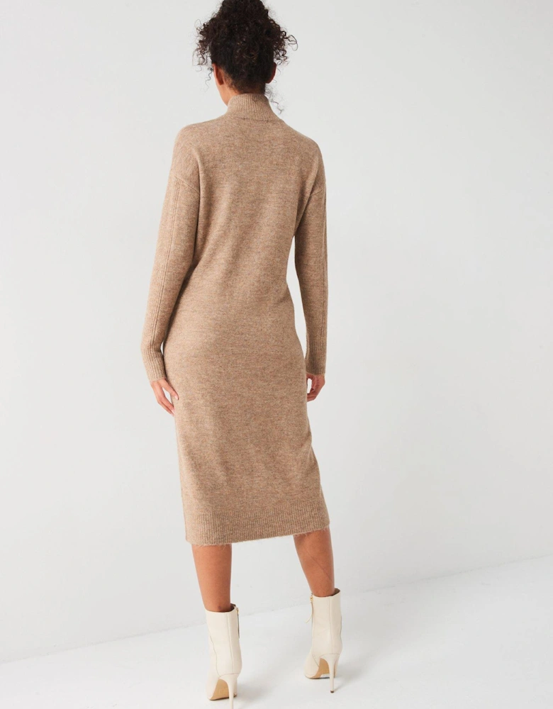 Knitted Quarter Zip Midi Dress - Neutral