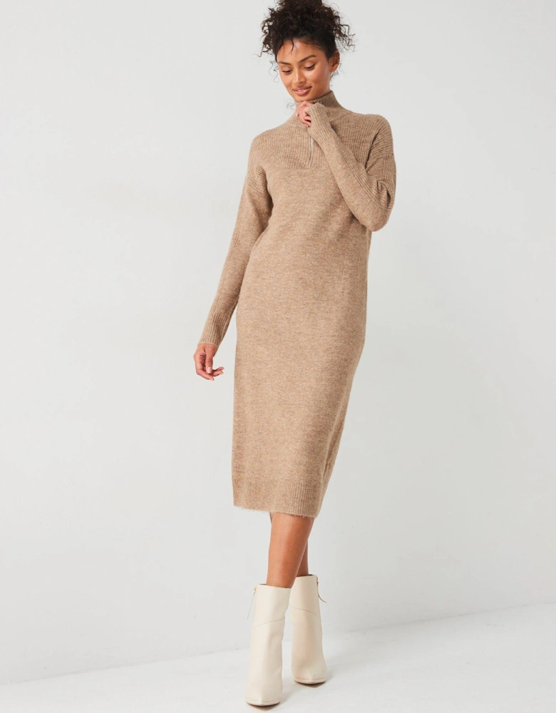 Knitted Quarter Zip Midi Dress - Neutral