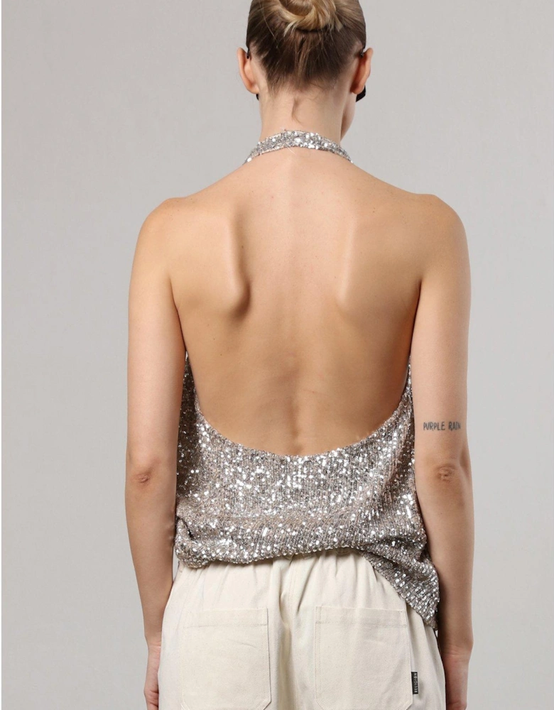 Metallic Sequin Backless Top With Halter Neck - Silver
