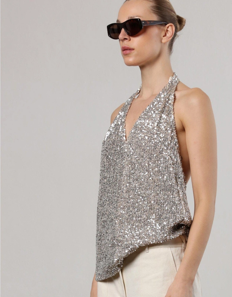 Metallic Sequin Backless Top With Halter Neck - Silver