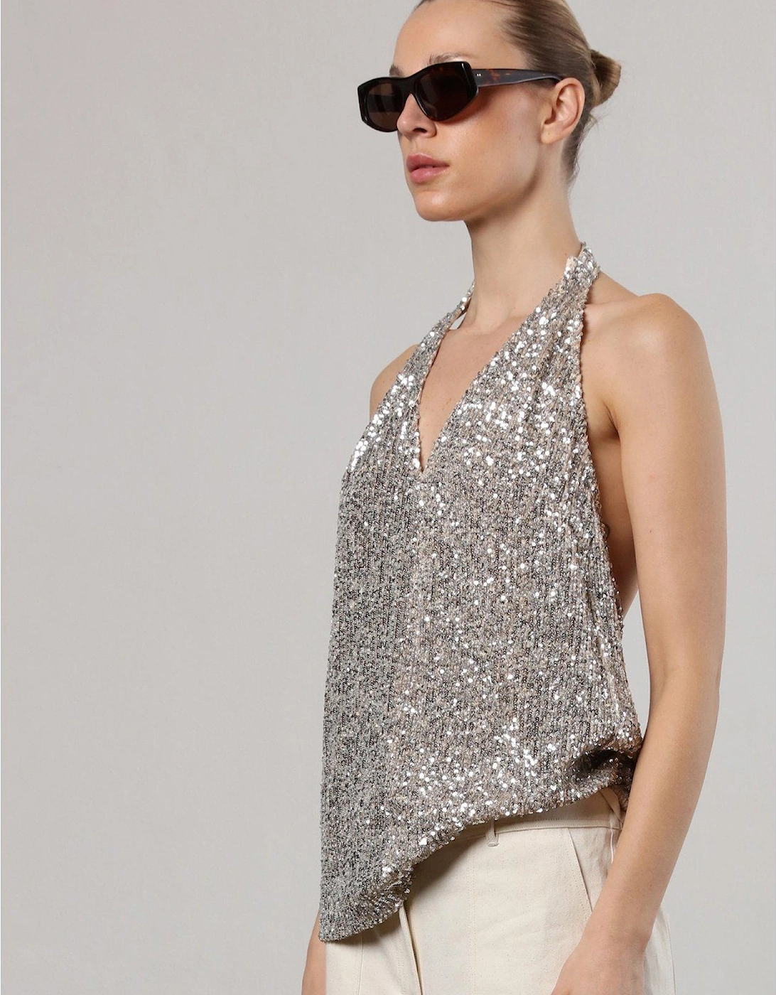 Metallic Sequin Backless Top With Halter Neck - Silver