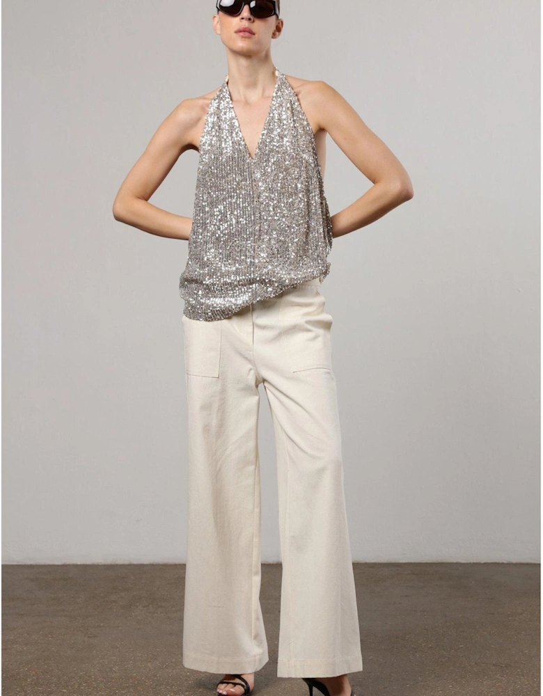 Metallic Sequin Backless Top With Halter Neck - Silver