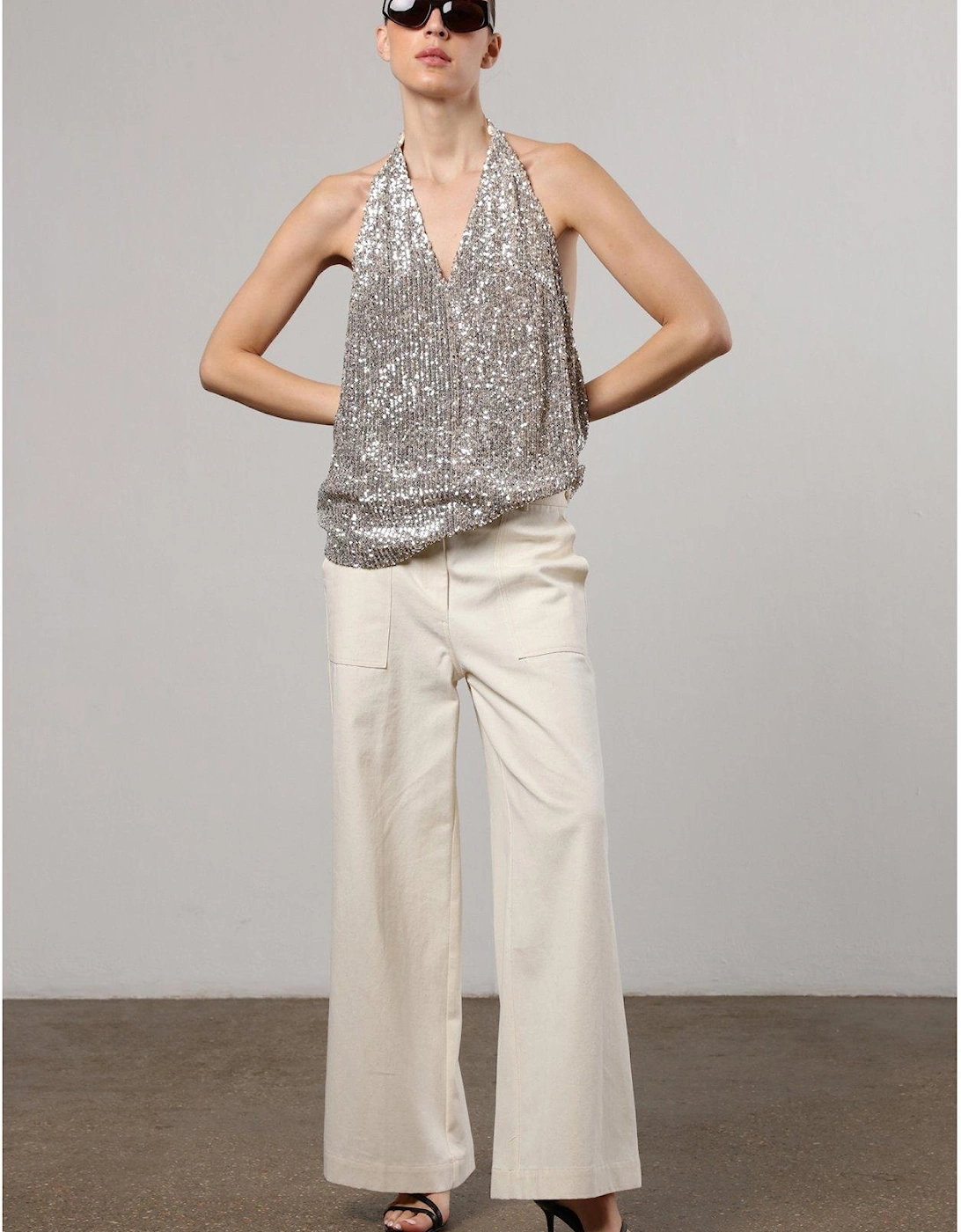 Metallic Sequin Backless Top With Halter Neck - Silver