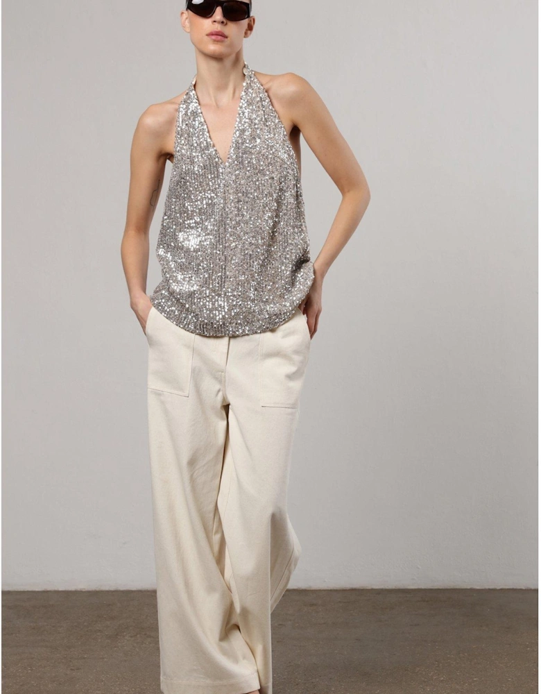 Metallic Sequin Backless Top With Halter Neck - Silver