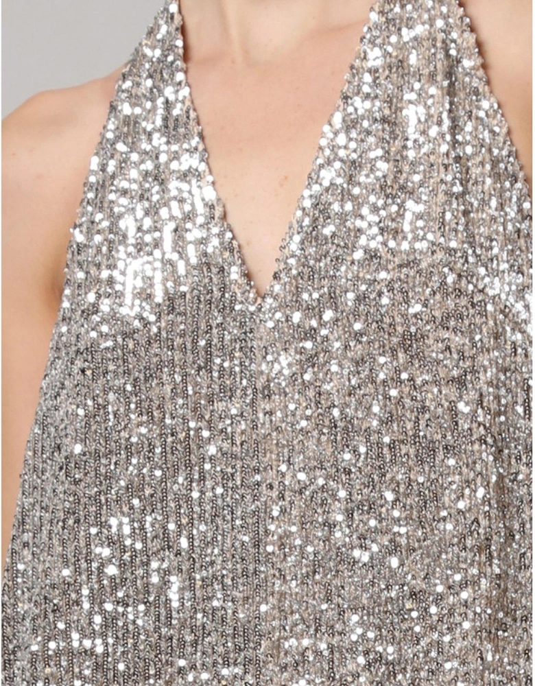 Metallic Sequin Backless Top With Halter Neck - Silver
