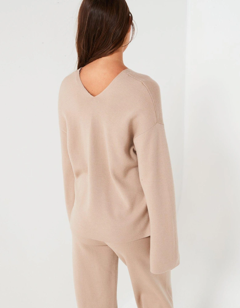 Wool Blend V-Neck Jumper - Beige